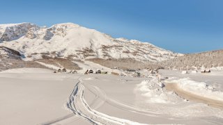 Snow National Park Durmitor - snow in the mountains of Montenegro Europe